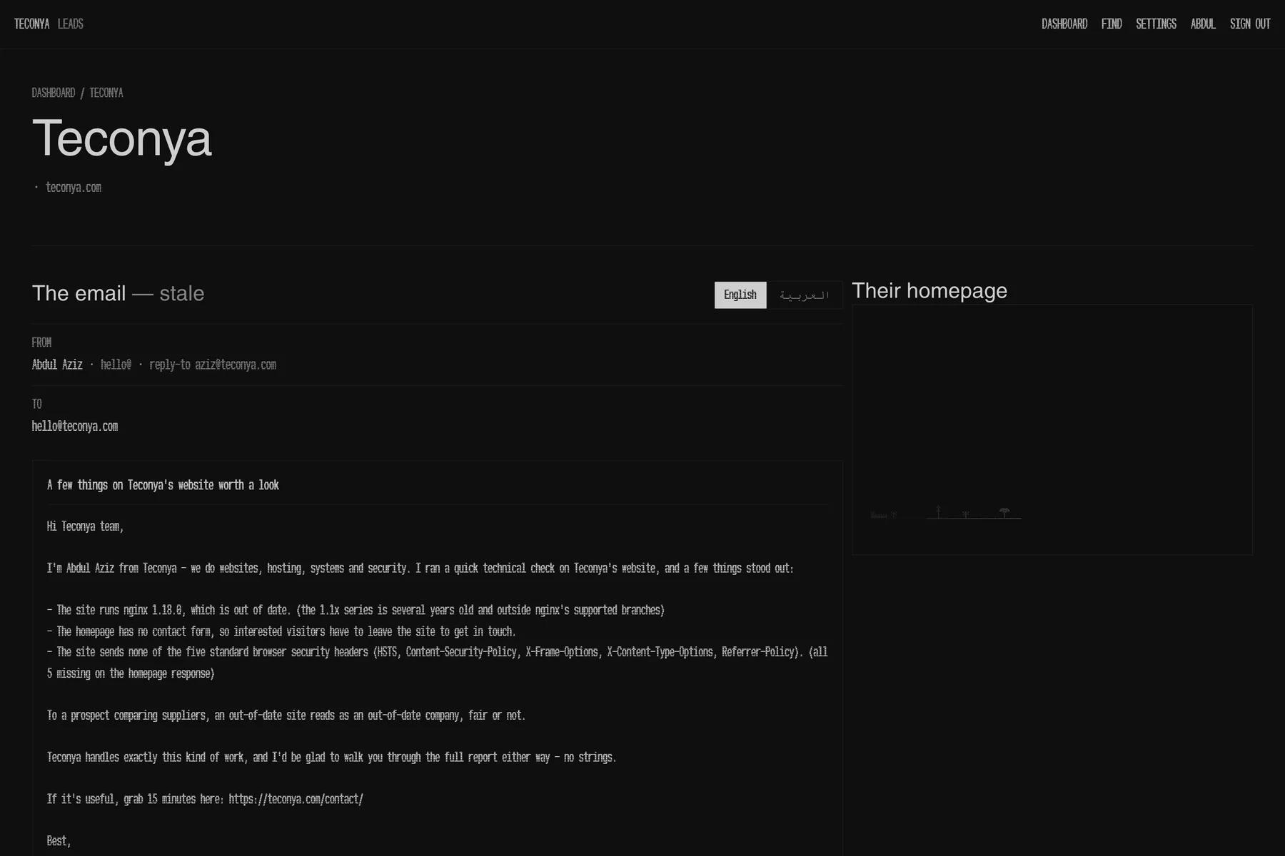 A drafted email beside the audited homepage, with the English / Arabic switch and the Confirm button.