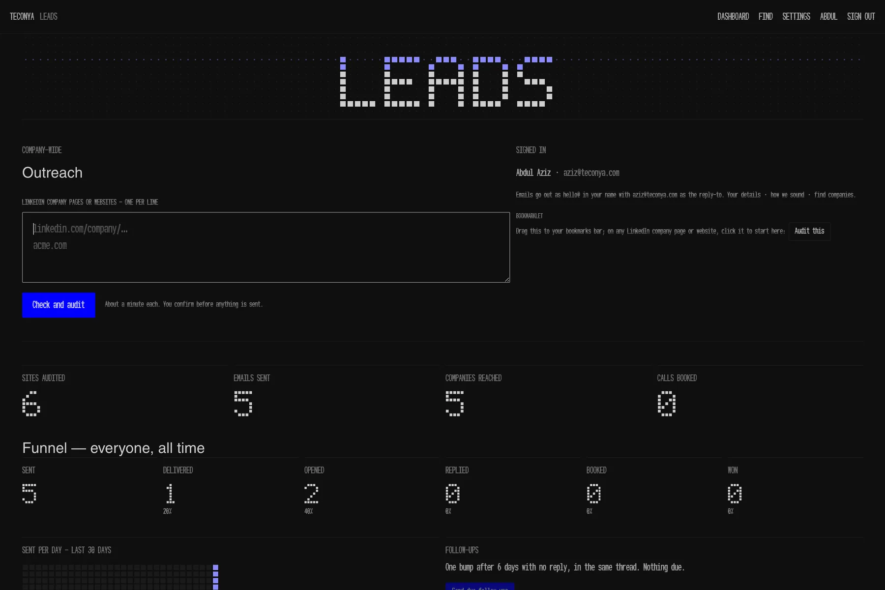The outreach dashboard: a paste box for company pages, the company-wide counts and the funnel, printed in the dot font.